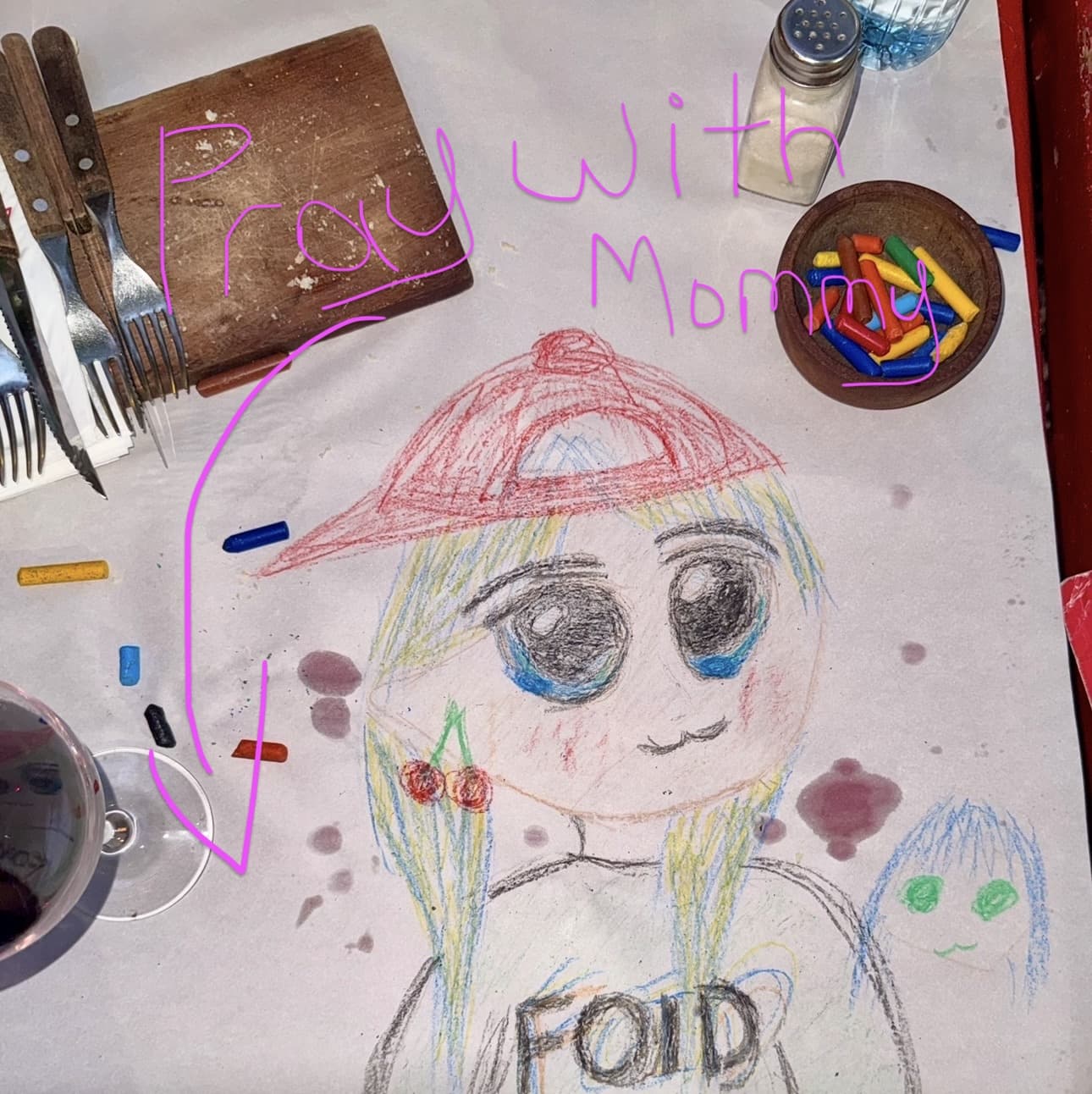 Crayon sketch of Foid with cherries and neon eyes on a diner table.